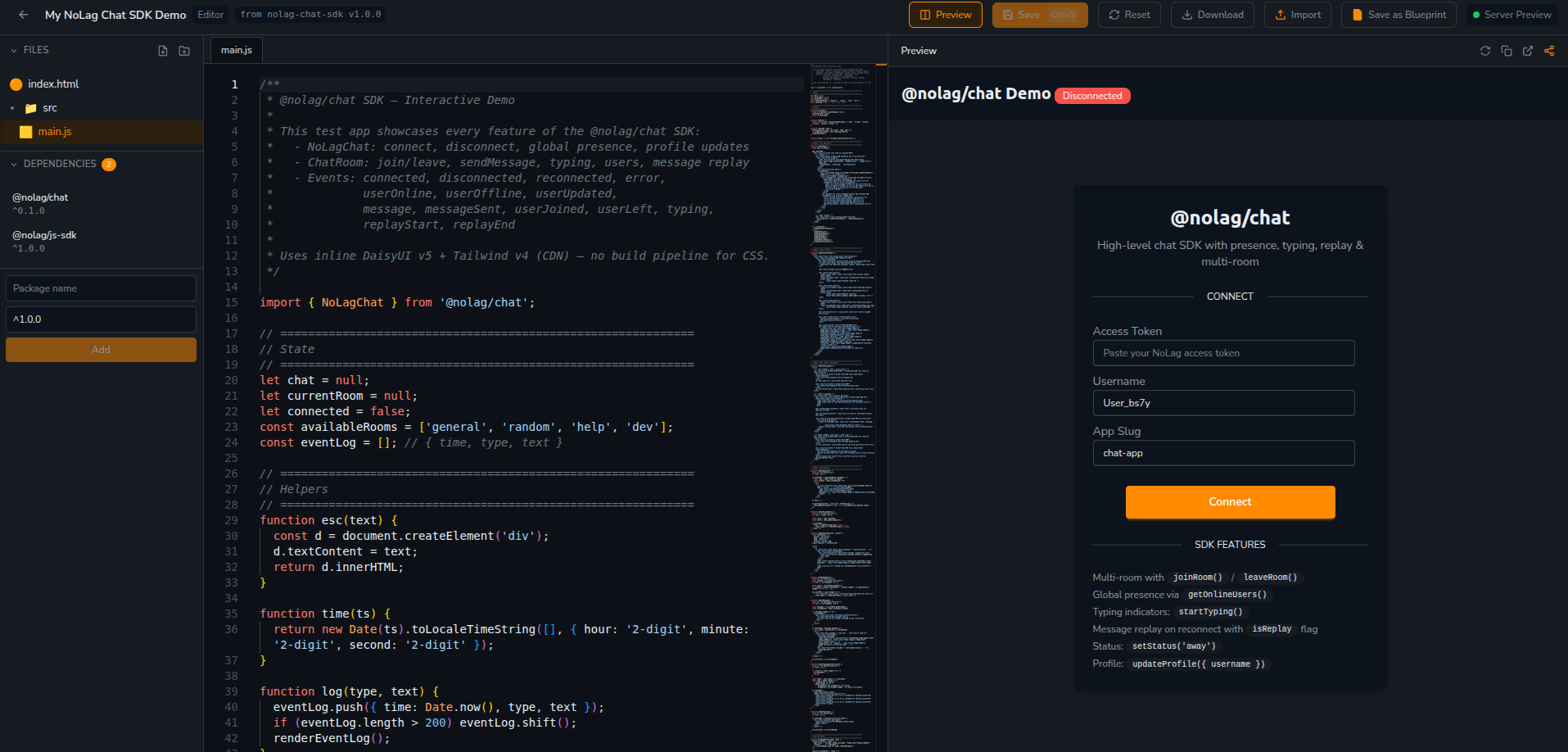 NoLag Chat Blueprint demo app with code editor, live preview, and connect form